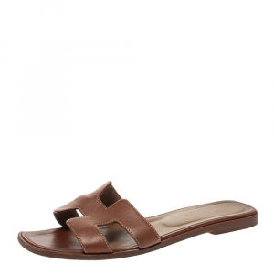 Hermes Brown Leather Oran Flat Slides Size 39.5
