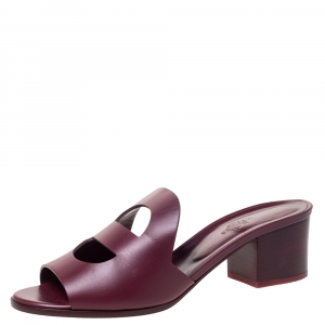 Hermes Burgundy Leather Mona Slide Sandals Size 39.5