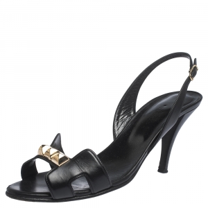 Hermes Black Leather Studded Night Slingback Sandals Size 38.5