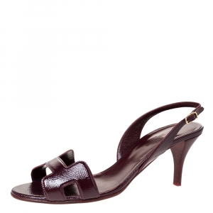 Hermes Burgundy Patent Leather Night Slingback Sandals Size 39
