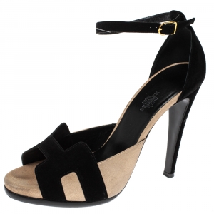 Hermès Black/Beige Suede Highlight Ankle Strap Sandals Size 40