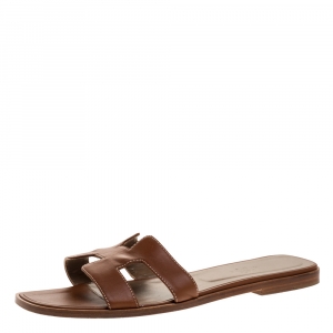 Hermes Brown Leather Oran Flat Sandals Size 41