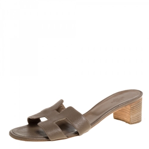 Hermes Grey Lizard Embossed Leather Oasis Open Toe Sandals Size 38.5