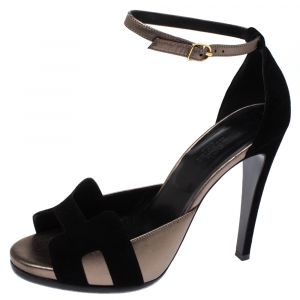 Hermes Black/Grey Suede and Leather Highlight Ankle Strap Sandals Size 40