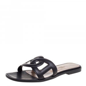 Hermes Black Leather Omaha Flat Slides Size 37