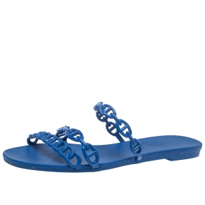 Hermes Blue Rubber Chain-Link Accents Slide Sandals Size 40