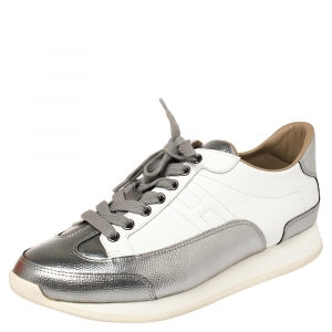 Hermes Metallic Silver/White Leather H Sneakers Size 39