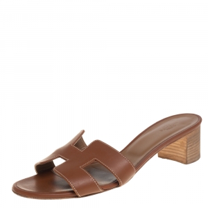 Hermes Brown Leather Oasis Slide Sandals Size 38