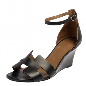 Hermes Black Leather Legend Ankle Strap  Sandals Size 42