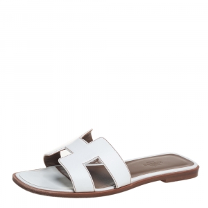 Hermes White Leather Oran Flat Slides Size 37
