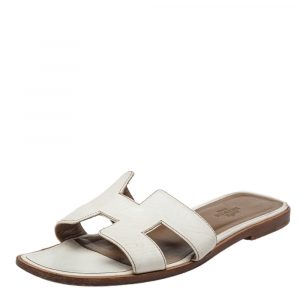 Hermes White Leather Oran Flats Sandals Size 37