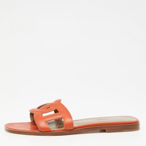 Pre Owned Hermes Orange Leather Aloha Flat Slides Size 36