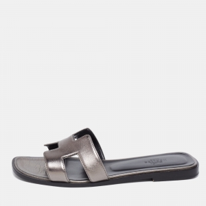 Hermès Metallic Bronze Leather Oran Sandals Size 38