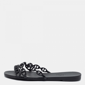 Pre Owned Hermes Black Rubber D'ancre Chaine Rivage Flat Slides Size 37