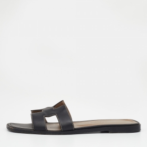 Hermes Black Leather Oran Flat Slide Sandals Size 36