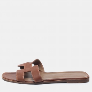 Hermes Brown Leather Oran Flat Slides Size 41.5