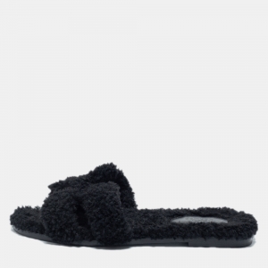 Hermes Black Shearling Fur Oran Flat Slides Size 39