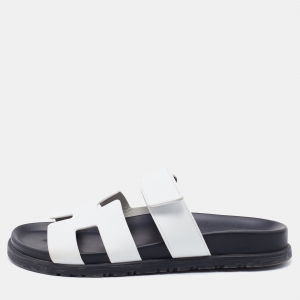Hermes White Leather Chypre Flat Slides Size 37.5