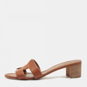 Hermes Brown Leather Oasis Slide Sandals Size 38