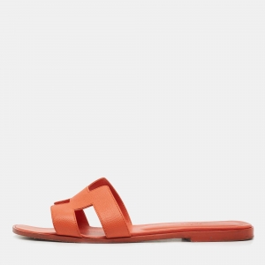 Hermes Orange Leather Oran Flat Slides Size 41