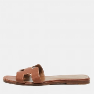 Hermes Brown Leather Oran Flat Slides Size 38.5