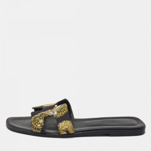 Hermes Black/Yellow Sous L'Egide de Mars Printed Canvas Oran Flat Slides Size 41