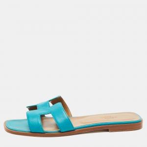 Hermes Blue Leather Oran Flat Slides Size 38.5