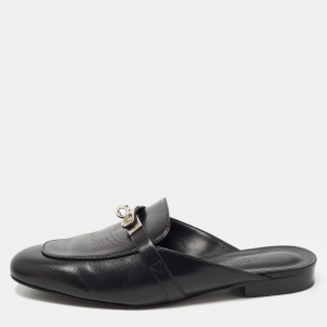 Hermes Black Leather Palladium Plated Oz Mules Size 37