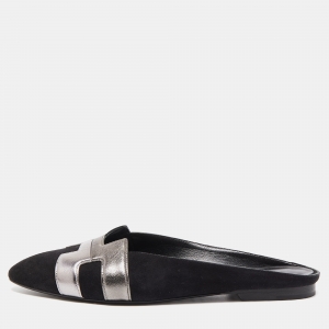 Hermes Black/Metallic Suede and Leather Roxane Mules Size 37