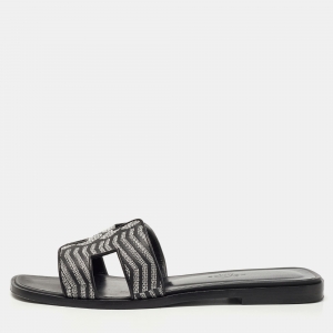 Hermes Black Embroidery Leather Oran Flat Slides Size 37