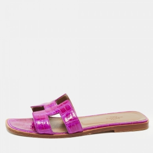 Hermes Magenta Croc Embossed Leather Oran Flat Slides Size 37