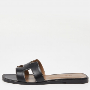 Hermes Black Leather Oran Flat Slides Size 39.5 