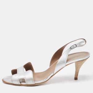 Pre Owned Hermes Silver Leather Night Slingback Sandals Size 39
