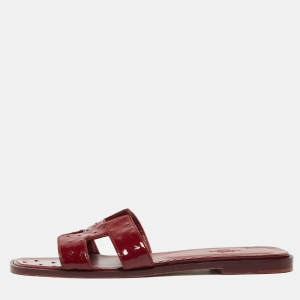 Hermes Burgundy Ostrich Embossed Leather Oran Flat Slides Size 39.5