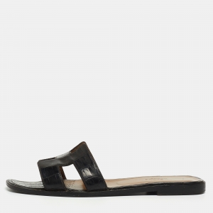 Hermes Black Alligator Oran Flat Slides Size 39.5