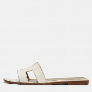 Hermes White Leather Oran Flat Slides Size 40 