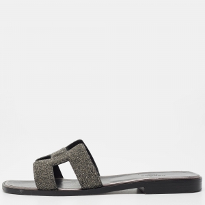 Hermes Metallic Grey Beads Oran Flat Slides Size 37