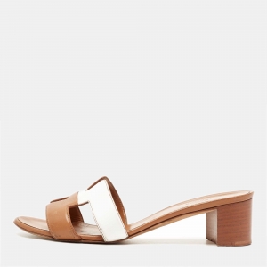 Hermes Brown/White Leather Oasis Sandals Size 39