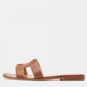 Hermes Brown Leather Oran  Flat Slides Size 39.5