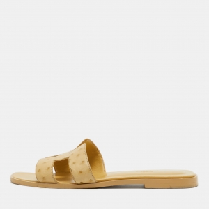 Hermes Yellow Ostrich Oran Flat Slides Size 39