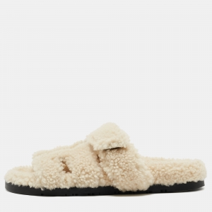 Pre Owned Hermes Cream Shearling Fur Chypre Slides Size 38.5