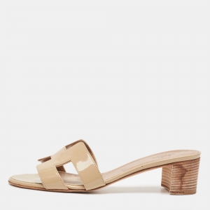 Hermes Beige Patent Oasis  Slide Sandals Size 39