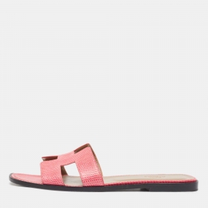 Hermes Pink Lizard Oran Flat Slides Size 40 