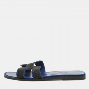 Hermes Blue/Black Glitter and Suede Oran Flat Slides Size 39 