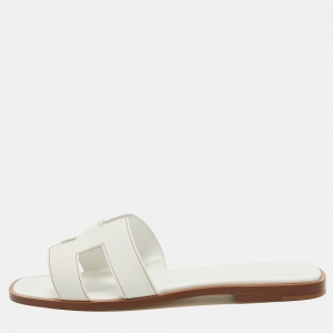 Hermes White Leather Oran Flat Slides Size 39
