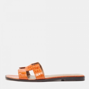 Hermes Yellow  Croc Embossed Oran  Flat Slides Size 39 
