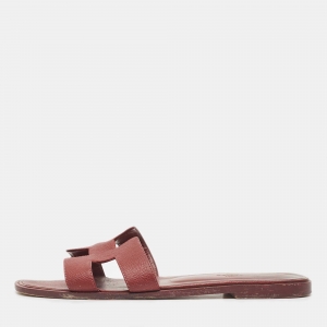 Hermes Burgundy Leather Oran Flat Slides Size 39.5