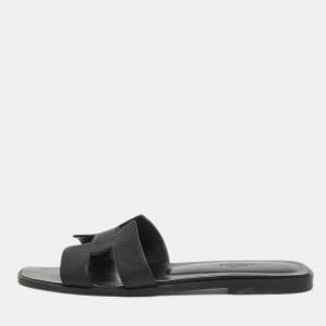 Hermes Black Leather Oran Flat Slides Size 39.5
