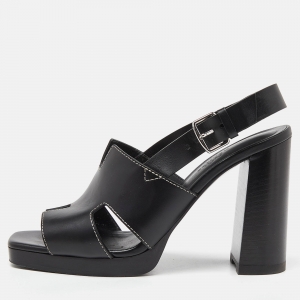 Hermes Black Leather Eris Block Heel Slingback Sandals Size 38