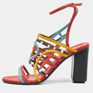 Hermes Multicolor Leather Block Heel Ankle Strap Sandals Size 38.5
